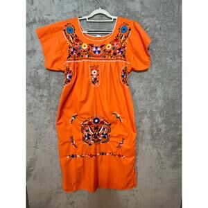 Zapoteco Mexican Dress Size Medium Orange Floral Feather Embroidered